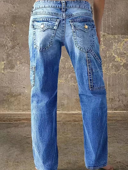 Women's High-Waist Straight Leg Jeans - Light Blue Pocket Detail Stretch Weekend – Blue option – main product image