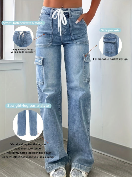Women's High-Waist Straight Leg Jeans - Light Blue Vintage Wash Pocket Detail – Blue option – main product image