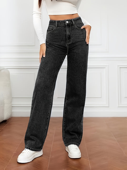 Women's High-Waist Straight Leg Jeans - Medium Blue Button Detail – Blue option – main product image