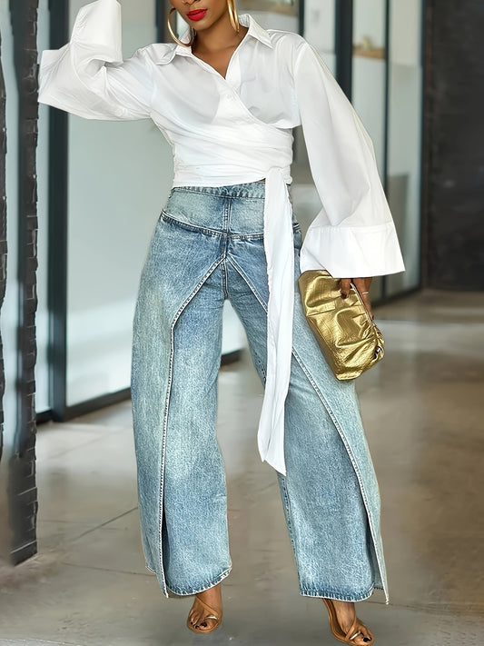 Women's High-Waist Wide Leg Jeans - Blue Vintage Wash Stretch – Blue option – main product image