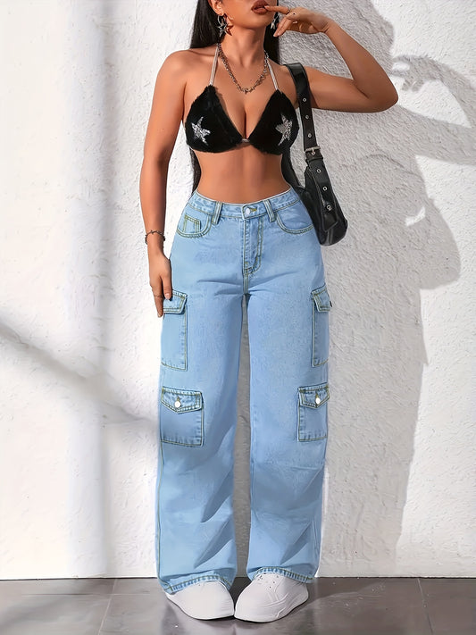 Women's High-Waist Wide Leg Jeans - Light Blue Pocket Detail – Blue option – main product image