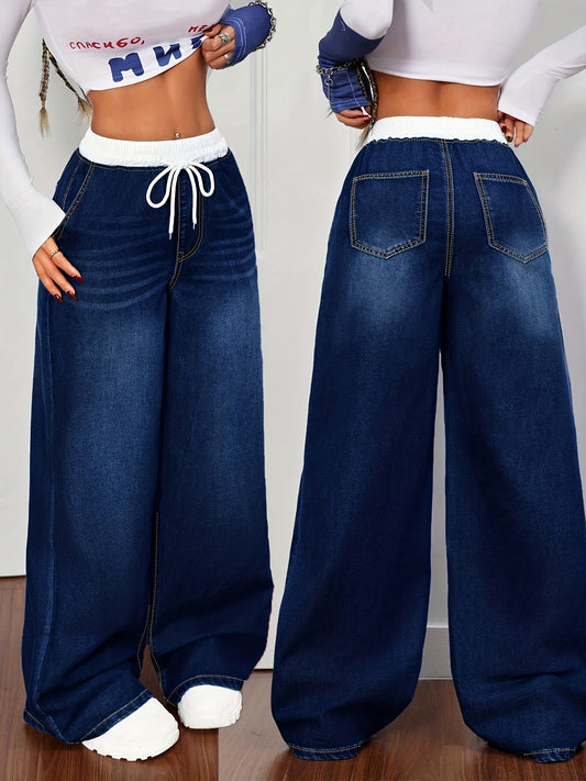 Women's High-Waist Wide Leg Jeans - Medium Blue Stretch All-Season – Blue option – main product image