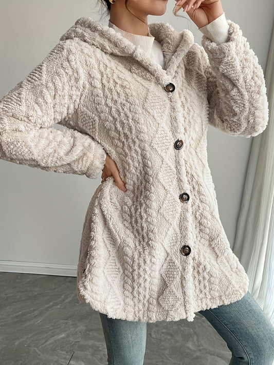 Women's Hooded Fuzzy Coat - Mid-Length Button Front – Navy option – main product image