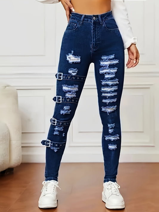 Women's Jeans - Dark Blue Distressed Stretch – Blue option – main product image