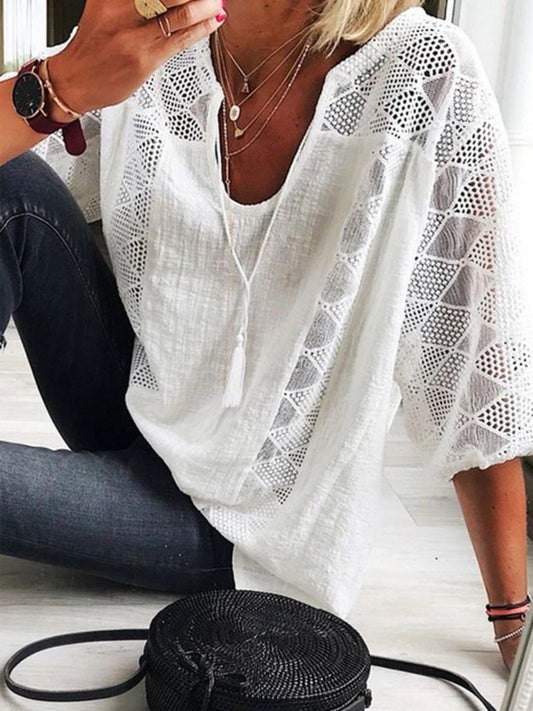 Women's Lace Detail Blouse - Scoop Neck Three-Quarter Sleeve – Yellow option – main product image