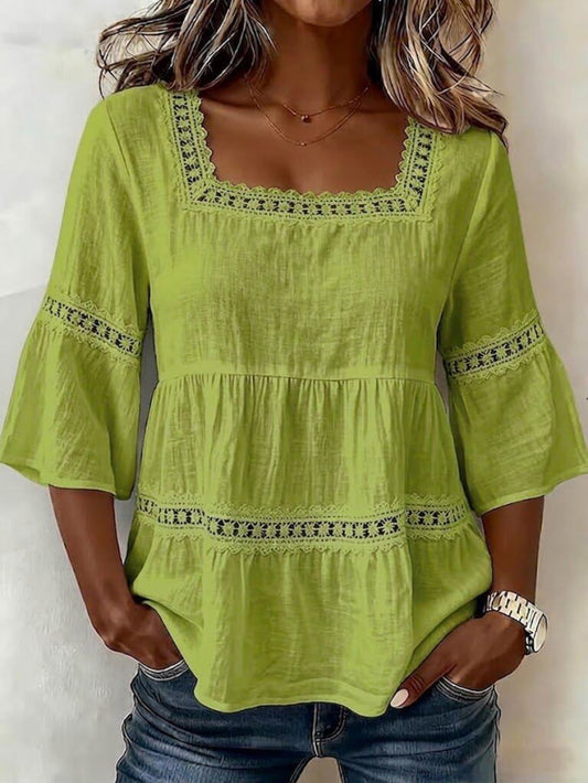 Women's Lace Detail Blouse - Square Neck Three-Quarter Sleeve – main product image