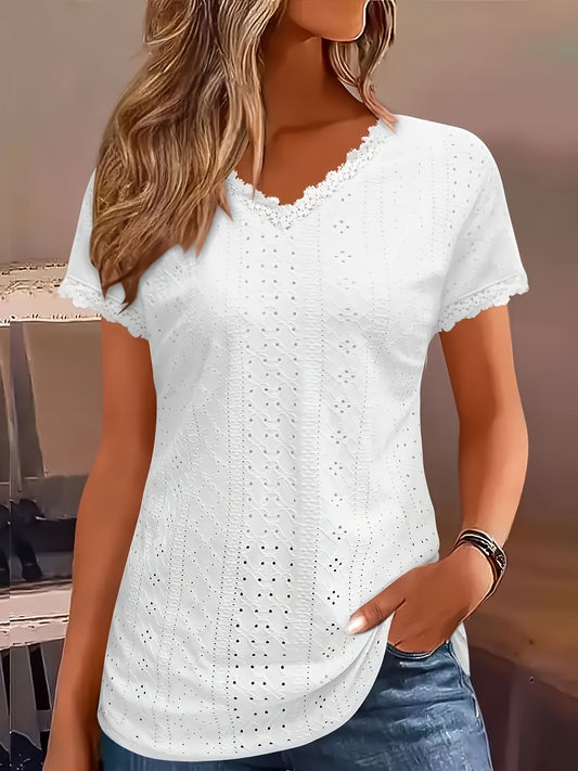 Women's Lace Detail Blouse - V-Neck Short Sleeve – White option – main product image