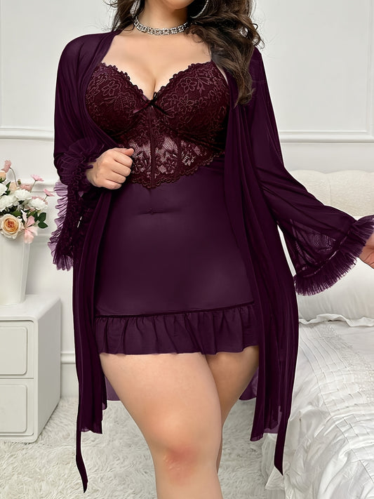 Women's Lace Pajama Set - 2-Piece Lace Plus Size Comfort – Purple option – main product image