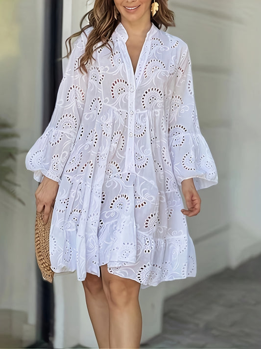 Women's Lace V-Neck Midi Shirt Dress - Cutout – White option – main product image