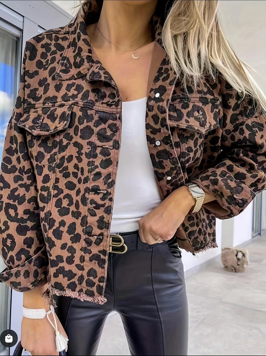Women's Leopard Denim Jacket - Relaxed Long Sleeve – Brown option – main product image