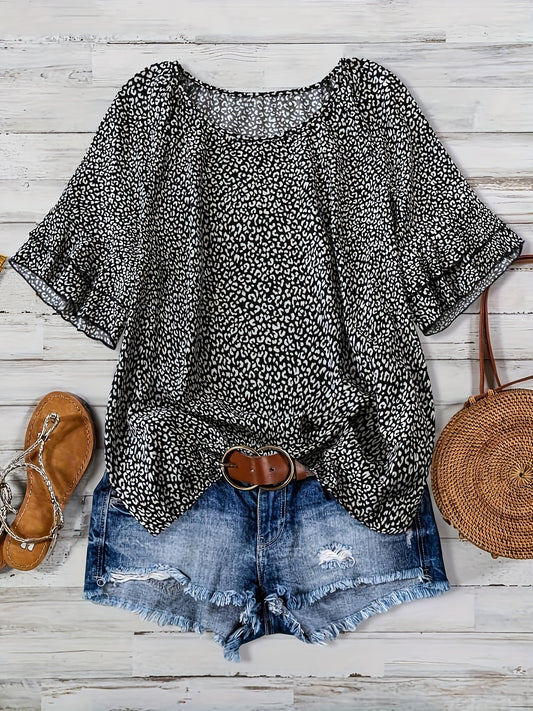 Women's Leopard Print Blouse - Crew Neck Short Sleeve – Navy option – main product image