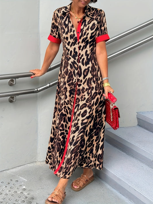Women's Leopard Print Collared Maxi A-Line Dress - Button Front – Red option – main product image