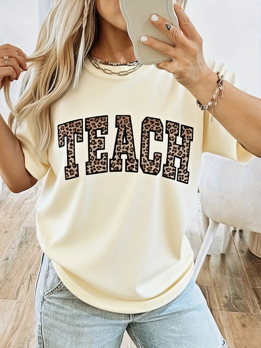 Women's Leopard Print Graphic T-Shirt - Round Neck Short Sleeve – Apricot option – main product image