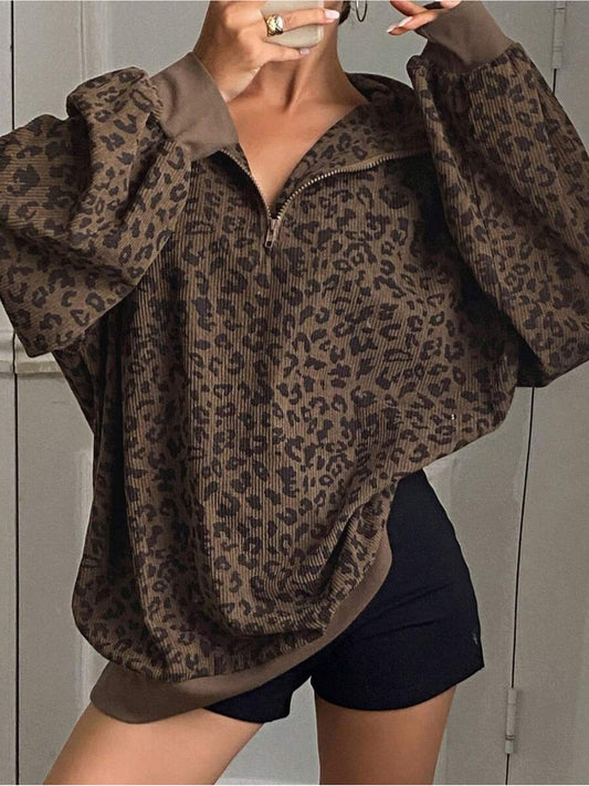 Women's Leopard Print Sweatshirt - Quarter-Zip Long Sleeve – Brown option – main product image