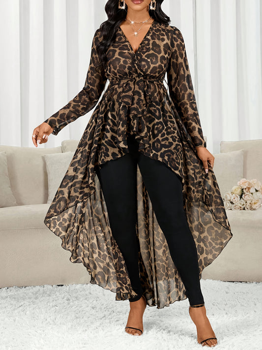 Women's Leopard Print Tunic - V-Neck Long Sleeve – main product image