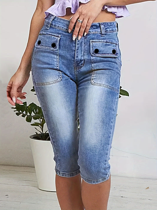 Women's Light-Wash Cropped Cargo Jeans – Flap-Pocket Capri – Blue option – main product image