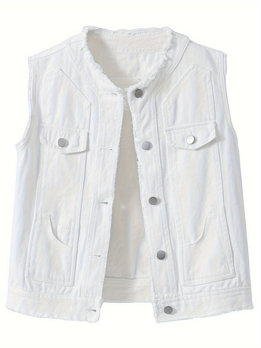 Women's Lightweight Denim Button-Front Vest – White option – main product image