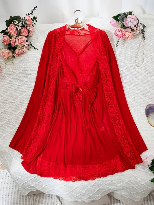 Women's Lingerie Set - Lace Detail – Red – Red option – main product image