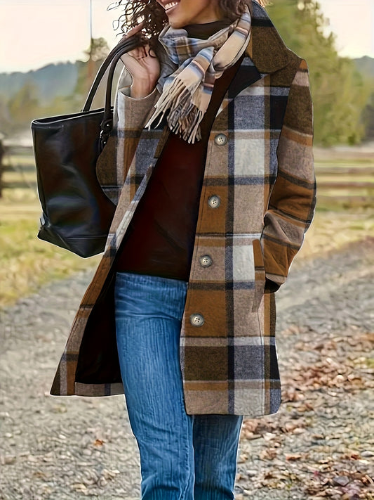 Women's Long Plaid Coat - Single-Breasted Lapel – main product image