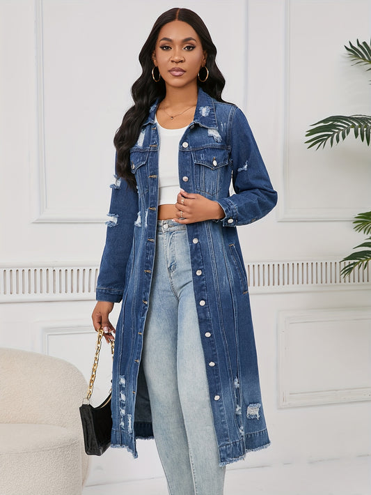 Women's Long Ripped Denim Jacket - Washed Pocket Design – Blue option – main product image