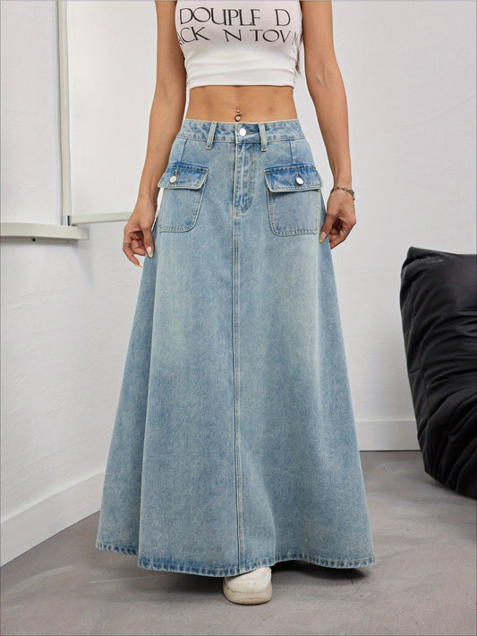 Women's Maxi Denim Skirt - Low-Rise Pocket Detail – Blue option – main product image