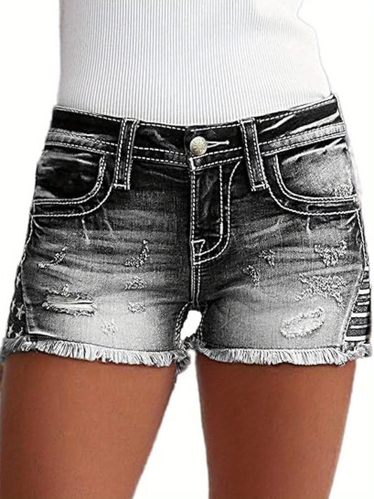 Women's Mid-Rise Denim Shorts - Distressed Regular Fit – Black option – main product image