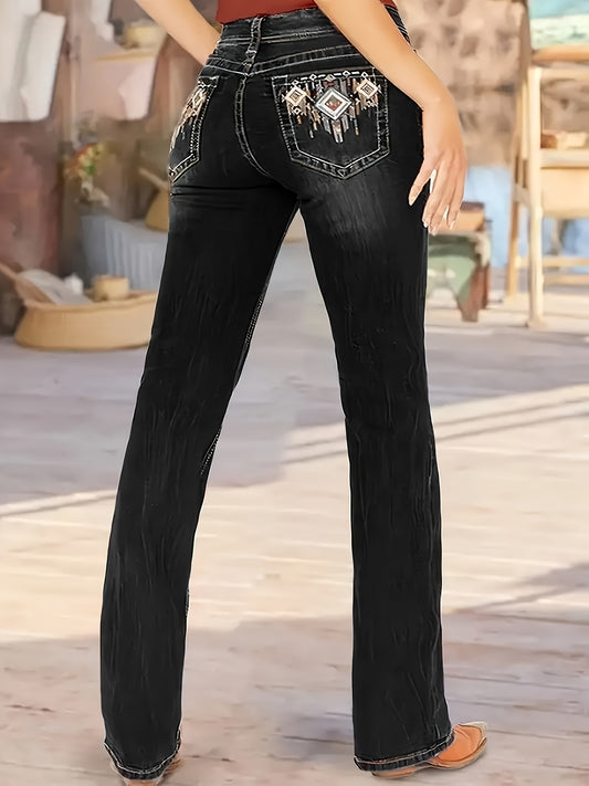 Women's Mid-Rise Flare Jeans - Black Embroidered – Black option – main product image