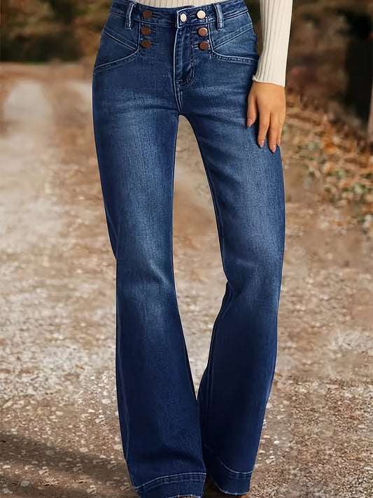 Women's Mid-Rise Flare Jeans - Dark Blue Button Detail Stretch – Blue option – main product image