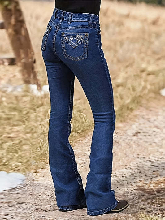 Women's Mid-Rise Flare Jeans - Dark Blue Embroidered Stretch – Blue option – main product image