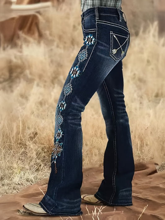 Women's Mid-Rise Flare Jeans - Dark Blue Embroidered Stretch Streetwear – Blue option – main product image