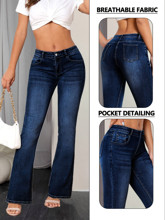 Women's Mid-Rise Flare Jeans - Medium Blue Distressed Stretch – Blue option – main product image