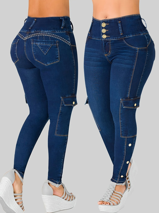 Women's Mid-Rise Skinny Jeans - Dark Blue Button Detail – Blue option – main product image