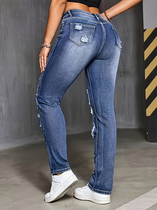 Women's Mid-Rise Straight Leg Jeans - Blue Distressed Streetwear – Blue option – main product image