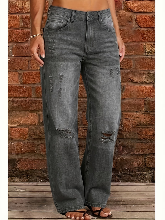 Women's Mid-Rise Straight Leg Jeans - Light Blue Distressed – Blue option – main product image