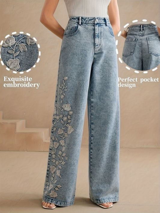 Women's Mid-Rise Wide Leg Jeans - Light Blue Embroidered – Blue option – main product image