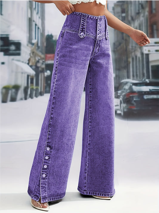 Women's Mid-Rise Wide Leg Jeans - Purple Button Detail – Purple option – main product image