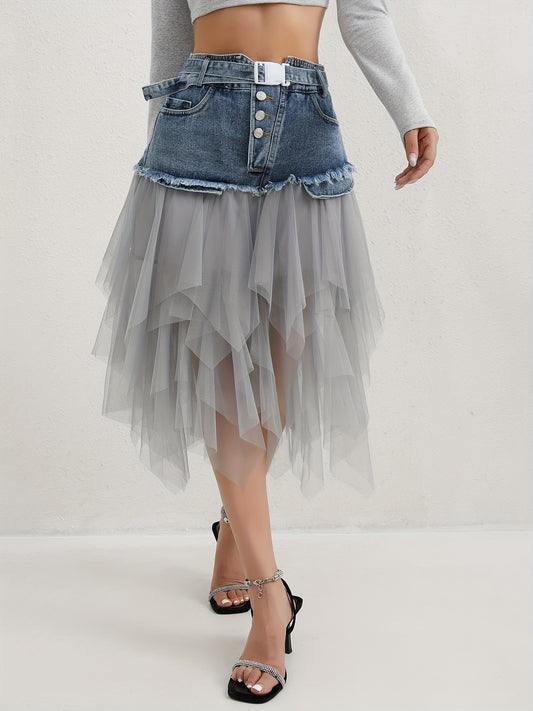 Women's Midi Denim Skirt - High-Waist Button Front Blue – Blue option – main product image