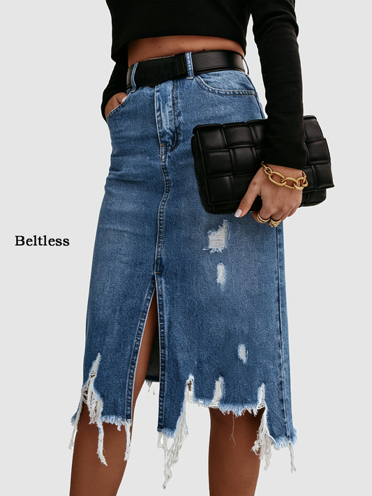 Women's Midi Denim Skirt - High-Waist Distressed – Blue option – main product image