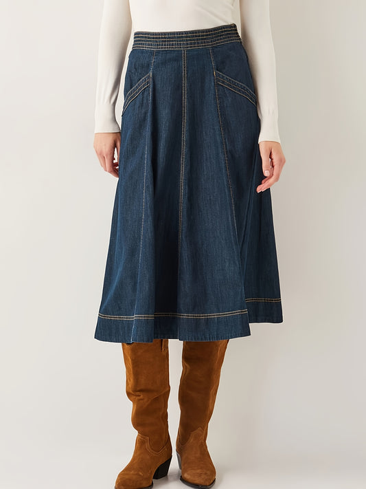 Women's Midi Denim Skirt - High-Waist Solid Color Medium Blue – main product image