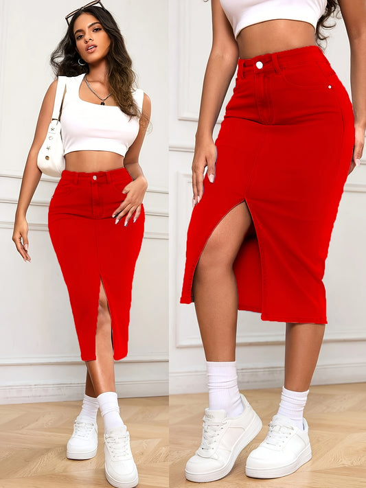 Women's Midi Denim Skirt - High-Waist Solid Color Red – Red option – main product image