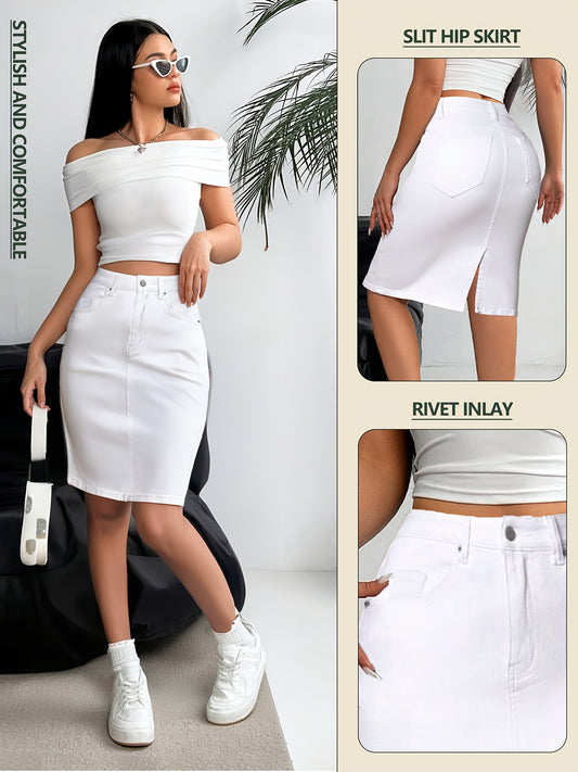 Women's Midi Denim Skirt - Mid-Rise – White option – main product image