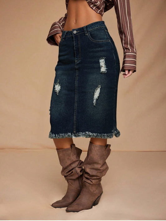 Women's Midi Denim Skirt - Mid-Rise Solid Color – Navy option – main product image