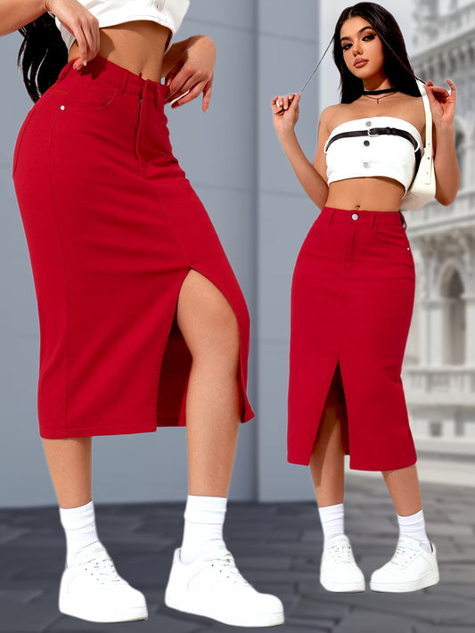 Women's Midi Denim Skirt - Mid-Rise Solid Color Red – Red option – main product image
