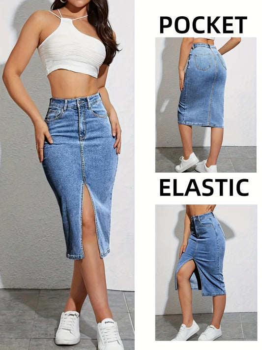 Women's Midi Denim Skirt - Solid Color Slit Detail – Blue option – main product image