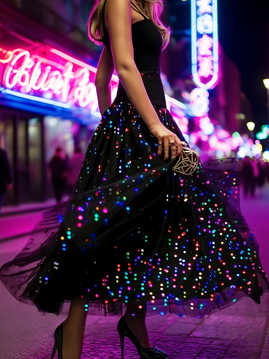 Women's Midi Pleated Skirt - Sequin Tulle Layer – Black option – main product image
