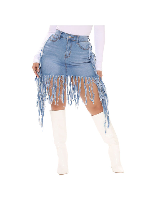 Women's Mini Denim Skirt - High-Waist Frayed Hem – Blue option – main product image