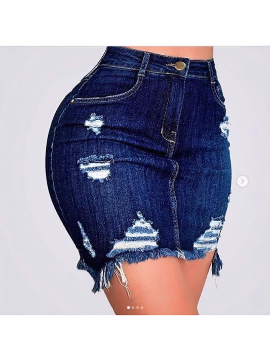 Women's Mini Denim Skirt - High-Waist Solid Color Dark Blue – Blue option – main product image