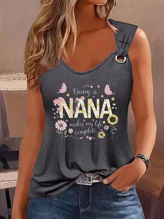 Women's Nana Floral Print Tank Top - Dark Gray Sleeveless Crew Neck – Gray option – main product image