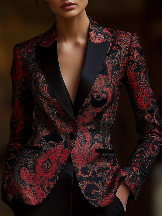 Women's Paisley Print Blazer - Longline Stain-Stitch Detail – Black option – main product image