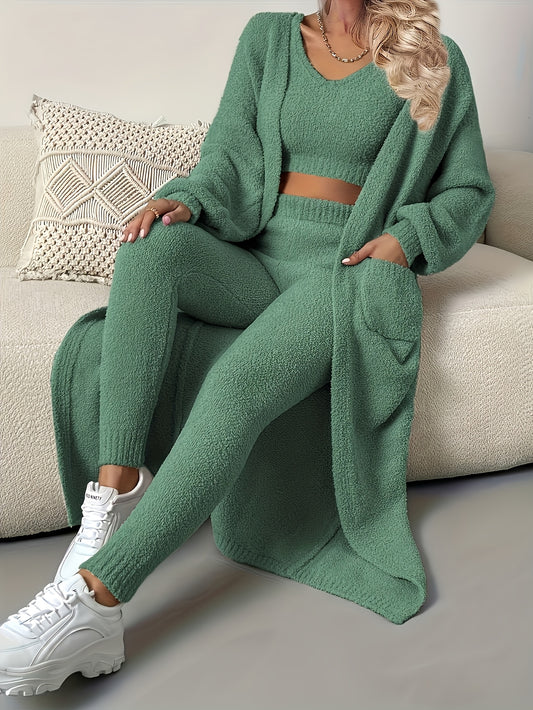 Women's Pajama Set - 3-Piece Solid Color Comfort, Khaki – main product image